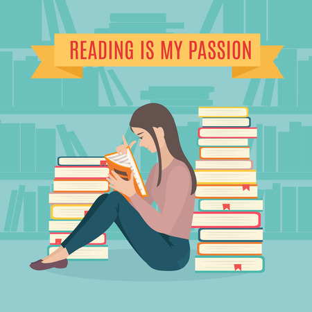 Young woman sitting read his favorite book . Education and school, study and literature. Flat young woman sitting in the library and reading a book. Vector illustration.のイラスト素材