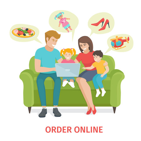 Flat design colorful  concept  for online gifts ordering and delivery service. Cartoon Happy family vector illustration.  Family of four make purchases through the internet sitting on the couchのイラスト素材