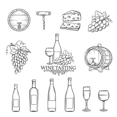 Hand draw wine icons set on white. Decorative wine icons . Monochrome icons wine in old style for the design of wine labels cards brochures. Wine vector illustration.のイラスト素材