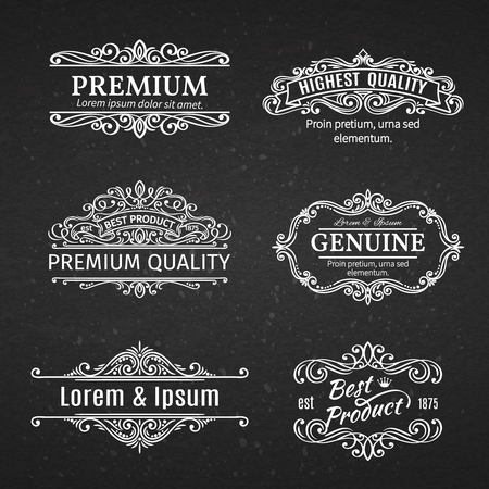 Vintage Banners Labels Frames. Calligraphic Design Elements . Decorative Swirls, Scrolls, Dividers and Page Decoration in chalkboard style.のイラスト素材