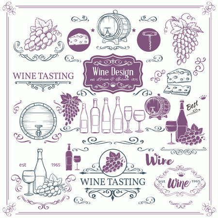 Decorative vintage wine icons. Ink vintage design for wine shop. Vector design elements of wine and calligraphy swirl for the design of wine labels cards brochures.のイラスト素材