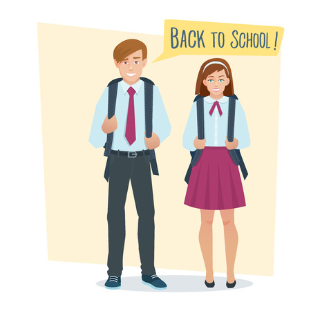 couple of students girl and boy in school uniform with school bagのイラスト素材