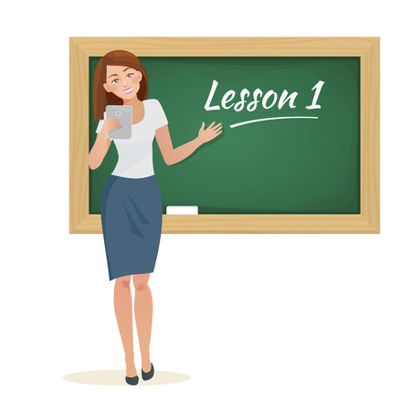 Vector cartoon flat woman teacher stands at the blackboardのイラスト素材