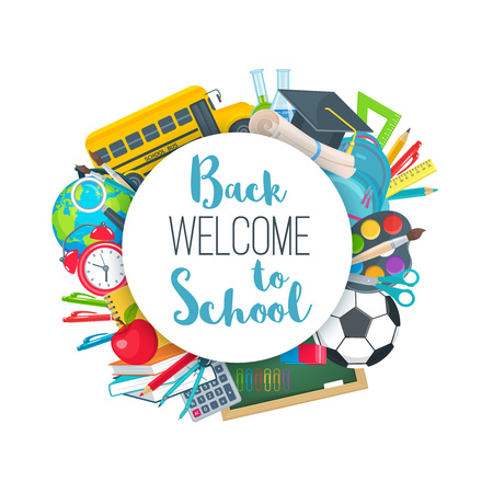 Vector back to school round banner with school supplies in flat style.のイラスト素材