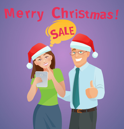 Christmas sales e-commerce concept man and woman in a cap of Santa Clausのイラスト素材