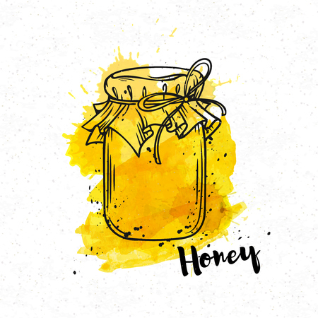 Hand drawn Honey bank on a yellow watercolor background. Vector illustration in old ink style.のイラスト素材