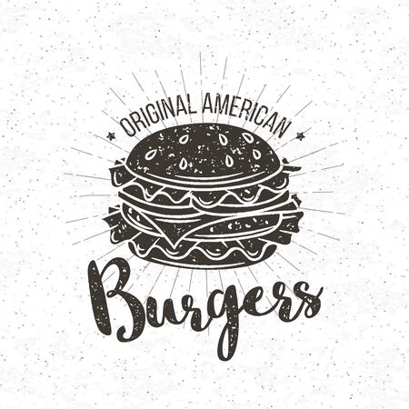 Burger vintage label. Vector badge burger and lettering for restaurants and fast food cafe posters and bannersのイラスト素材
