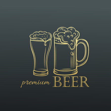 Hand drawn mug of beer in old style . Vector Icon badge logo beer. Golden design template, page decoration.のイラスト素材