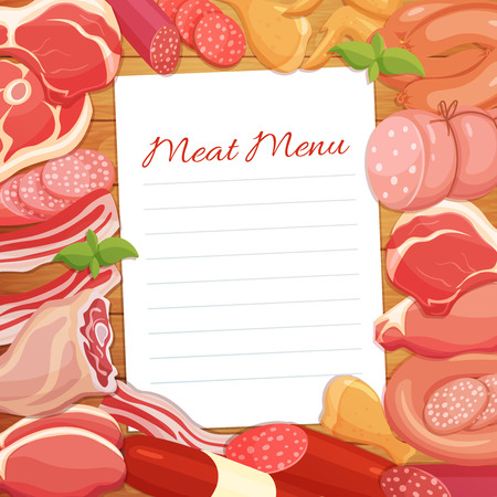 Gastronomic meat products menu design. Vector icons steak , barbecue, lamb, chops, bacon, chorizo, sausage, chicken wings, chicken legs ham salami and slices sausageのイラスト素材