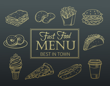 Vector hand drawn icons fast food. Illustration with snacks, hamburger, fries, hot dog, tacos, coffee, sandwich, ice cream in old ink style. Golden design template, page decoration.のイラスト素材