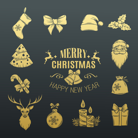 Set decorative golden badge christmas icons. Vector illustration.のイラスト素材