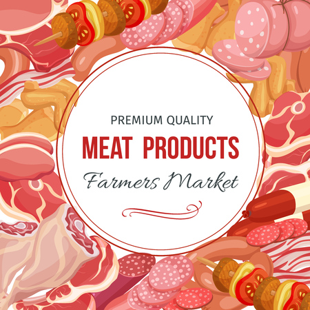 Gastronomic meat products menu design. Vector icons steak , barbecue, lamb, chops, bacon, chorizo, sausage, chicken wings, chicken legs ham salami and slices sausageのイラスト素材