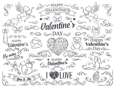 Valentine's day design element. Calligraphic and page decoration design elements. Swirl, scroll and divider. Vector flourishes.のイラスト素材