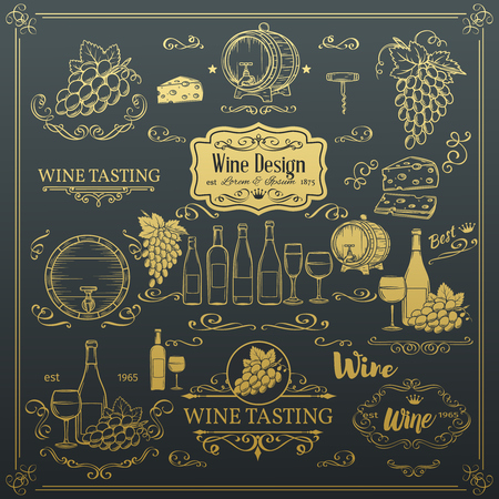 Decorative vintage wine icons. Golden design for wine shop. Vector design elements of wine and calligraphy swirl for the design of wine labels cards brochures.のイラスト素材