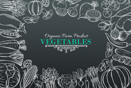 Poster template with hand drawn vegetables for farmers market menu design. White on black. Vector vintage illustration.のイラスト素材