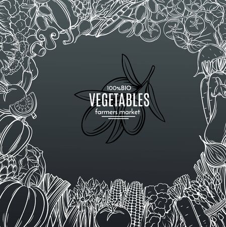 Square template frame with hand drawn vegetables for farmers market menu design. White on black. Vector vintage illustration.のイラスト素材