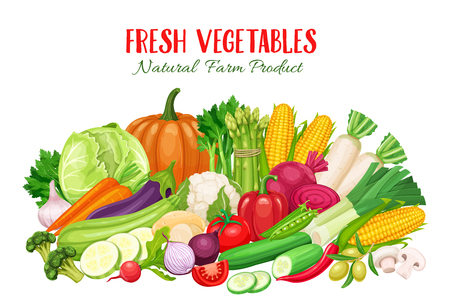 Colorful organic banner with vegetables. Vector illustration healthy food concept for farmers market menu designのイラスト素材