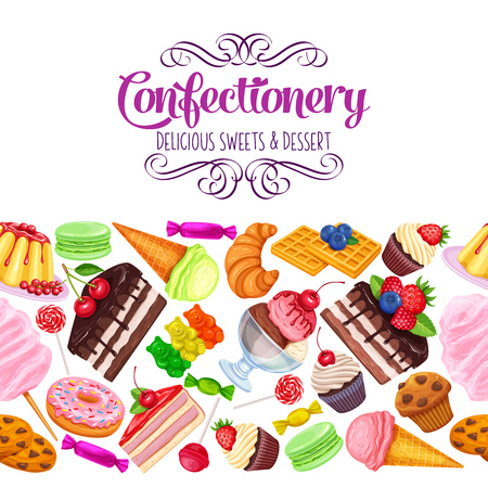 Vector seamless border with confectionery and sweets icons. Dessert, lollipop, ice cream with candies, macaron and pudding. Donut and cotton candy, muffin, waffles, biscuits and jelly.のイラスト素材