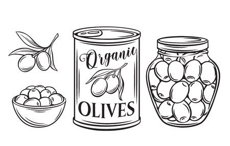Canned olives in tin can and glass jar. Illustration outline food product in retro sketch style.のイラスト素材
