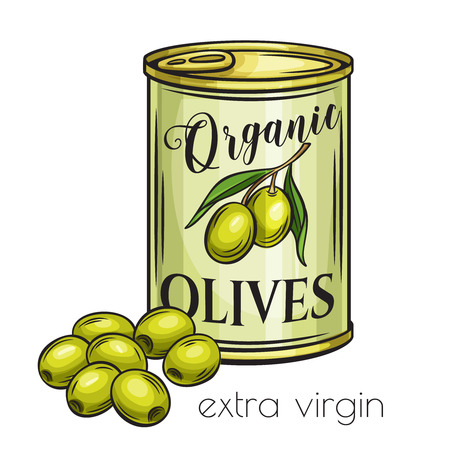 Canned olives in tin can. Illustration food product in retro style.のイラスト素材
