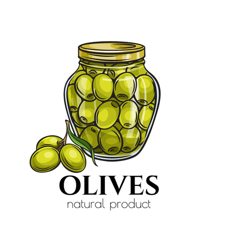 Canned olives in glass jar. Illustration outline food product in retro sketch style.のイラスト素材