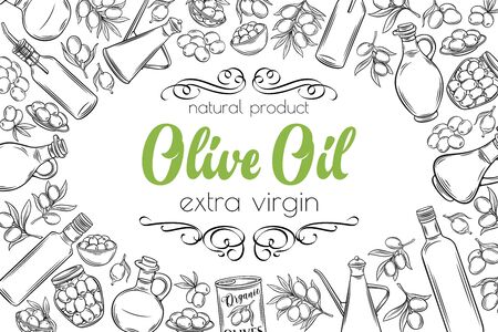 Poster frame template with hand drawn sketch olives, tree branches, glass bottle, jug , metal dispenser and olive oil for farmers market packaging design. Vector illustration in ink retro style.のイラスト素材