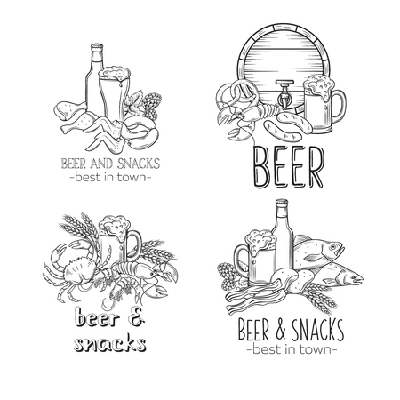 Pub Food and Beer Hand Drawn Template Banner . Vector Alcohol and Snacks Poster with Crab, Lobster, Shrimp, Fish, Chicken Wings and Legs, Pretzel and Nachos for Craft Beer Club Menuのイラスト素材