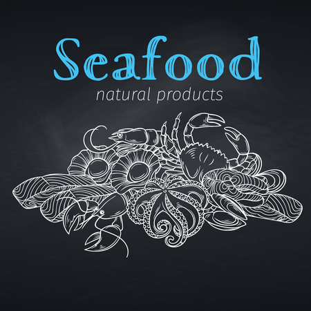 Seafood banner. Vector template hand drawn design for product market. Illustration in chalkboard sketch style.のイラスト素材