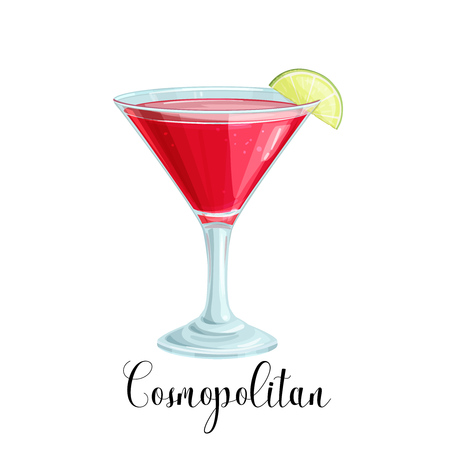 Vector glass of Cosmopolitan cocktail with lime slice isolated on white. Color illustration summer alcohol drink.のイラスト素材