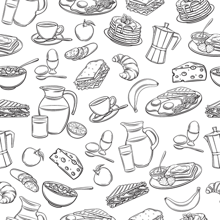 Vector seamless pattern hand drawn breakfast icons. Retro background with pancakes, toast with jam, croissant, cheese and etc.のイラスト素材