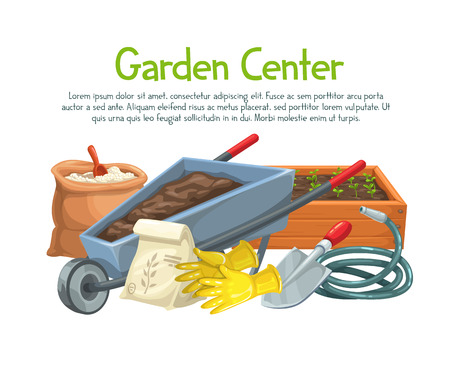 Vector gardening banner with gloves, seedlings, wheelbarrow, fertilizer, seedling, watering hose, gloves and shovel for design products garden center. Cartoon style.のイラスト素材