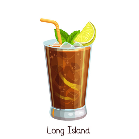 Vector glass of long island cocktail with slice lemon and mint leaves isolated on white. Color illustration summer alcohol drink.のイラスト素材