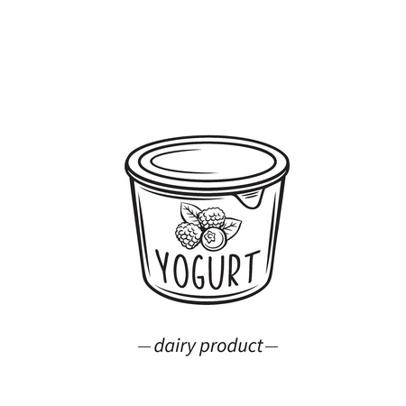 Vector outline yogurt icon with berries. Dairy product for menu breakfast and design market. Retro style.のイラスト素材