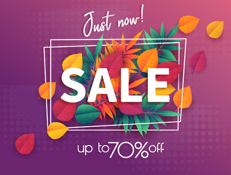 Trendy fall sale poster with gradient bright autumn foliage of maple, oak, elm and chestnut.のイラスト素材