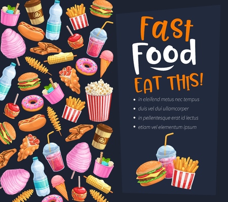 Fast Food poster. Takeaway meals or street food background with bubble Hong Kong waffles, spiral potato chips, lemonade and apples in caramel, hamburger and hot dog. Vector illustration.のイラスト素材