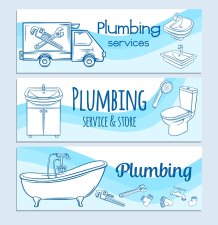 Plumbing service banners. Hand drawn shower, bathroom sink, toilet, sanitary wrench and tap for house plumbing promotion design. Sketch vector illustration.のイラスト素材