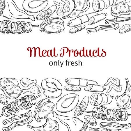 Hand drawn meat products layout. Vector illustration for design butcher shop,restaurant menu and marketのイラスト素材