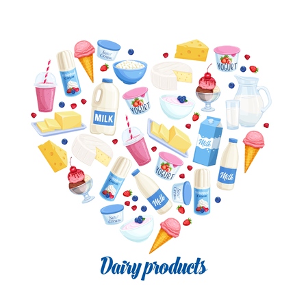 Dairy products. Vector banner with cottage cheese, milk, butter, cheese and sour cream. Yogurt, ice cream, smoothies, whipped cream for design market farm product.のイラスト素材