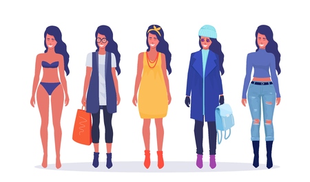 Young woman in casual seasonal clothes. Fashion, cartoon style. Vector illustration.のイラスト素材