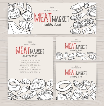Sketch gastronomic meat products. Vector illustration for meat production , butcher shop design .のイラスト素材