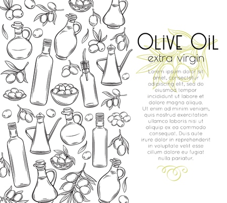 Olives, tree branches, glass bottle, jug , metal dispenser and olive , layout page. Retro style vector illustration.のイラスト素材