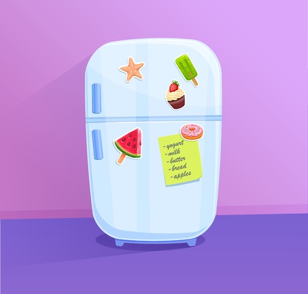 Fridge icon with magnets and stickers. Vector illustration. Cartoon style.のイラスト素材