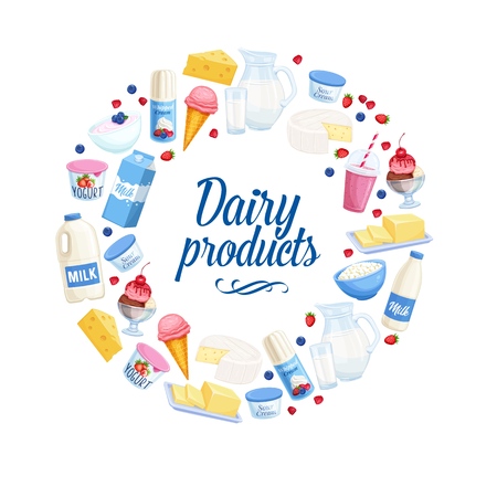 Dairy products icons. Cottage cheese, milk, butter, cheese and sour cream. Yogurt, ice cream, smoothies, whipped cream for design market farm productのイラスト素材