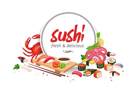 Sushi banner, japanese food for design asian cuisine promotion design. Vector illustration.のイラスト素材