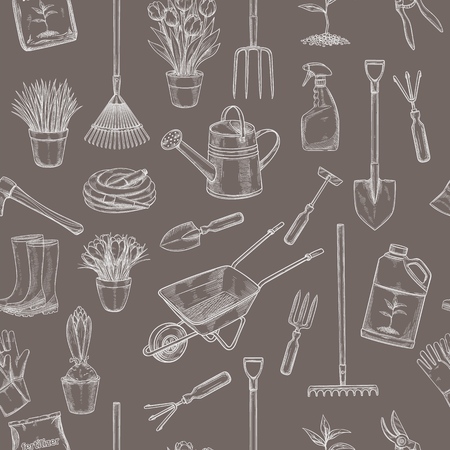 Gardening seamless pattern with tools, flowers , Rubber boots, seedling, tulips, gardening can or fertilizer, glove, crocus and etc. for design garden centerのイラスト素材