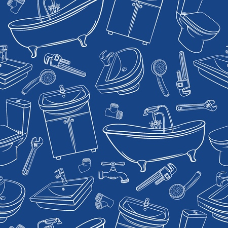 Plumbing seamless pattern. Outline shower, bathroom sink, toilet, sanitary wrench and tap for house plumbing promotion design. Vector background.のイラスト素材