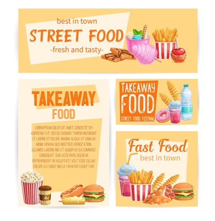 Fast Food banners. Takeaway meals or street food background with bubble Hong Kong waffles, spiral potato chips, lemonade and apples in caramel, hamburger and hot dog. Vector illustrationのイラスト素材