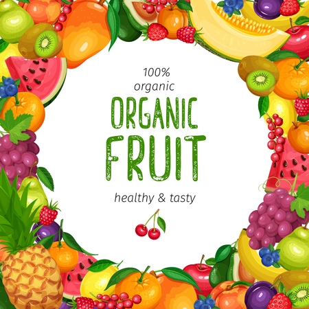 Berries and Fruits Design Healthy Food in Cartoon Style. Raspberries, Strawberries, Grapes, Currants and Blueberries. Lemon, Peach, Apple or Pear, Orange, Watermelon, Avocado and Melonのイラスト素材