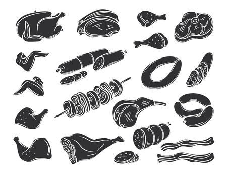 Gastronomic silhouette meat products set. Decorative vector isolated illustration in retro style for the design food meat production , brochures, banner, restaurant menu and marketのイラスト素材