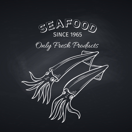 Hand drawn squid on chalkboard. Seafood icon menu restaurant design. Engraving style. Vector illustrationのイラスト素材